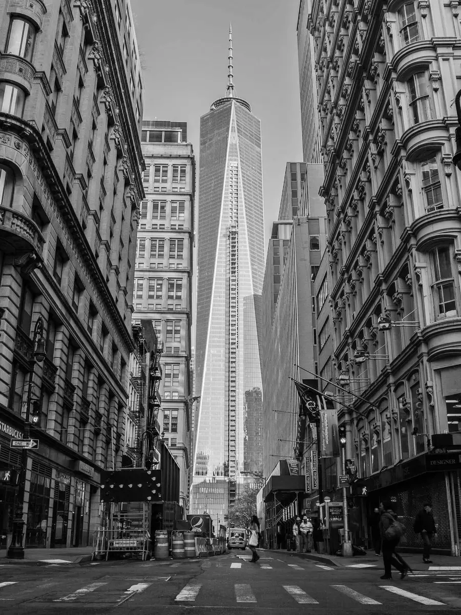 Avenida entre edifícios clássicos e uma torre moderna
