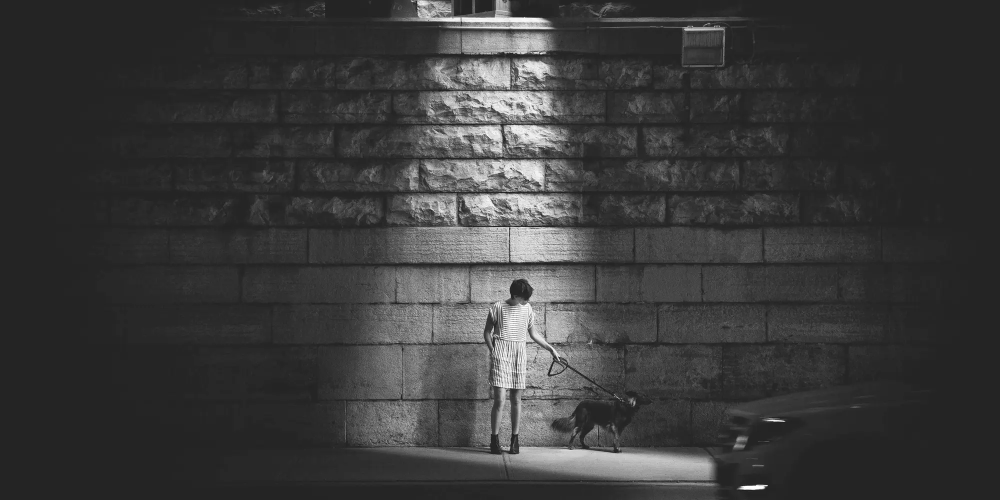 Feixe de luz sobre um muro de pedra e uma pessoa caminhando com um cachorro